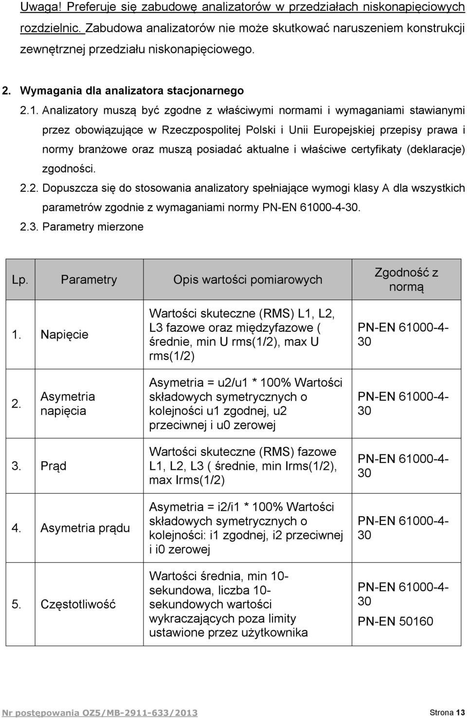 Analizatory muszą być zgodne z właściwymi normami i wymaganiami stawianymi przez obowiązujące w Rzeczpospolitej Polski i Unii Europejskiej przepisy prawa i normy branżowe oraz muszą posiadać aktualne