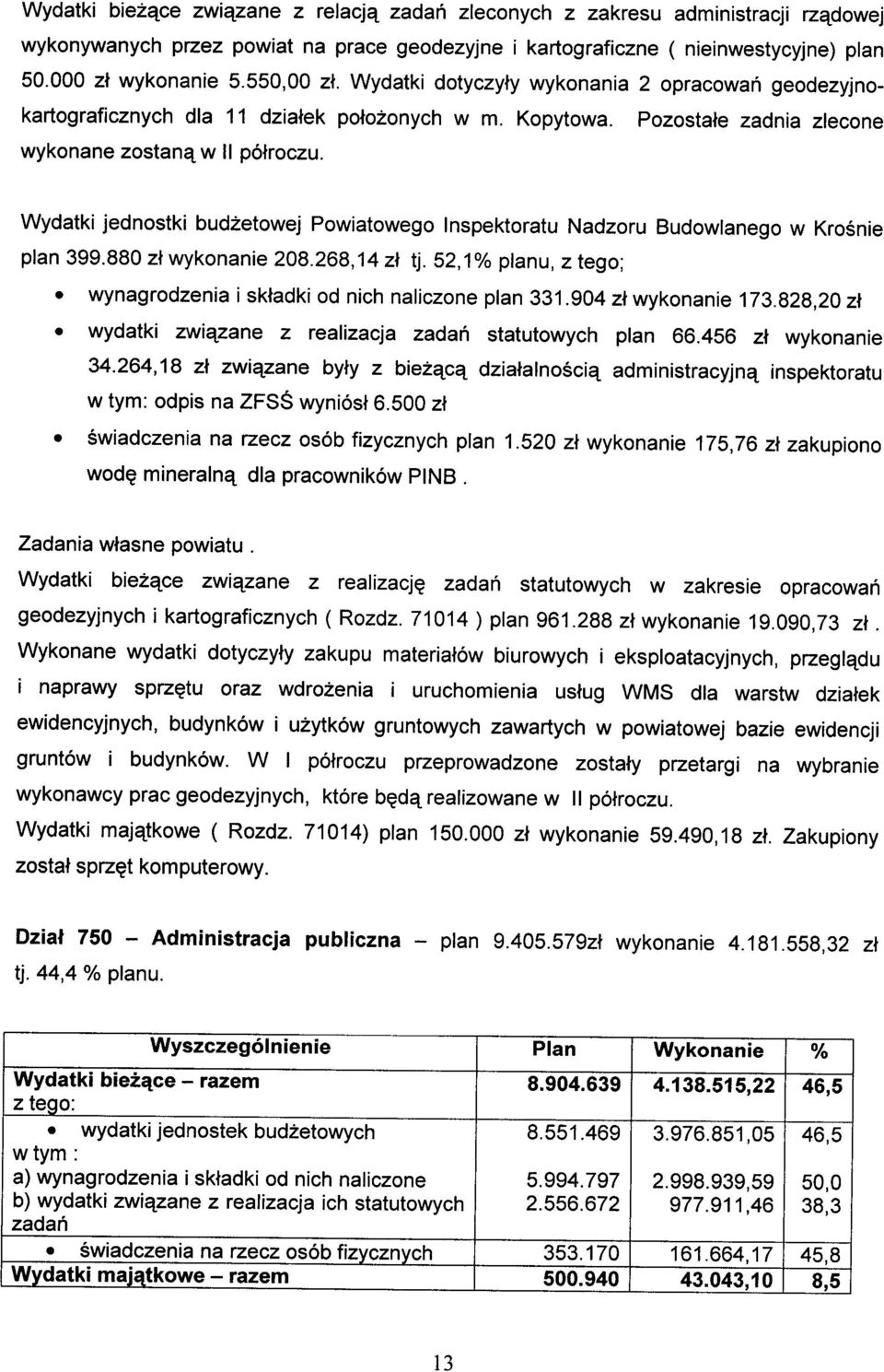 Wydatki jednostki budżetowej Powiatowego Inspektoratu Nadzoru Budowlanego w Krośnie plan 399.880 zł wykonanie 208.268, 14 zł tj.