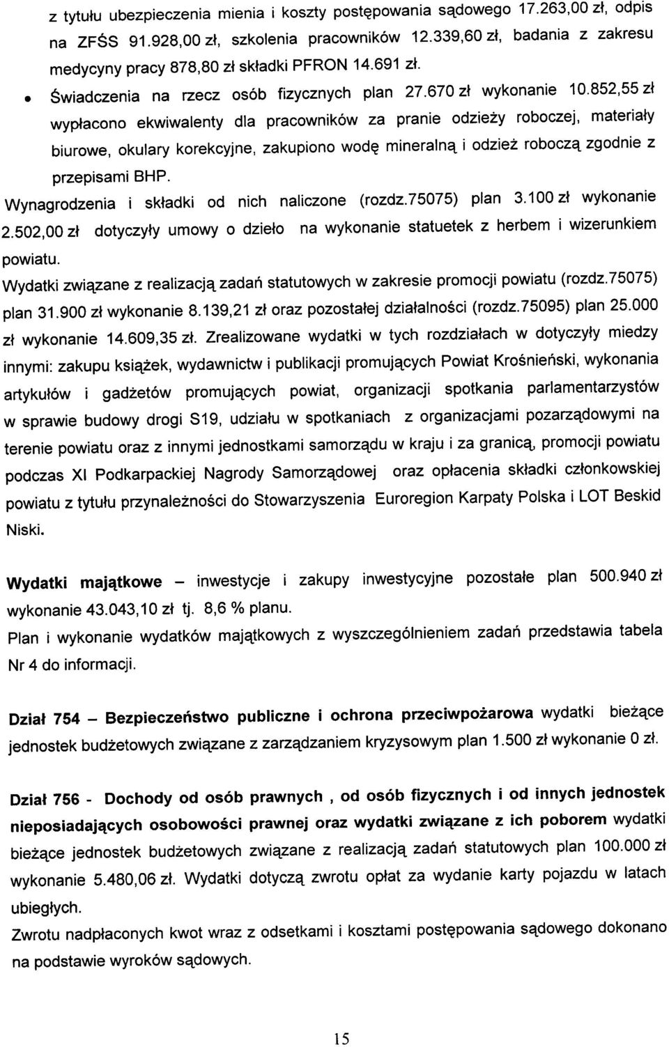 852,55 zł wypłacono ekwiwalenty dla pracowników za pranie odzieży roboczej, materiały biurowe, okulary korekcyjne, zakupiono wodę mineralną i odzież roboczą zgodnie z przepisami BHP.