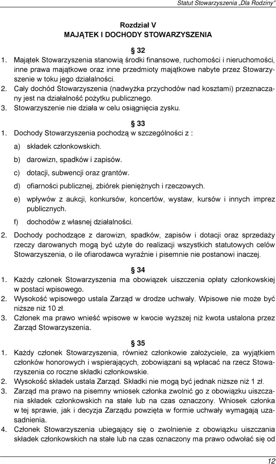 Cały dochód Stowarzyszenia (nadwyżka przychodów nad kosztami) przeznaczany jest na działalność pożytku publicznego. 3. Stowarzyszenie nie działa w celu osiągnięcia zysku. 33 1.