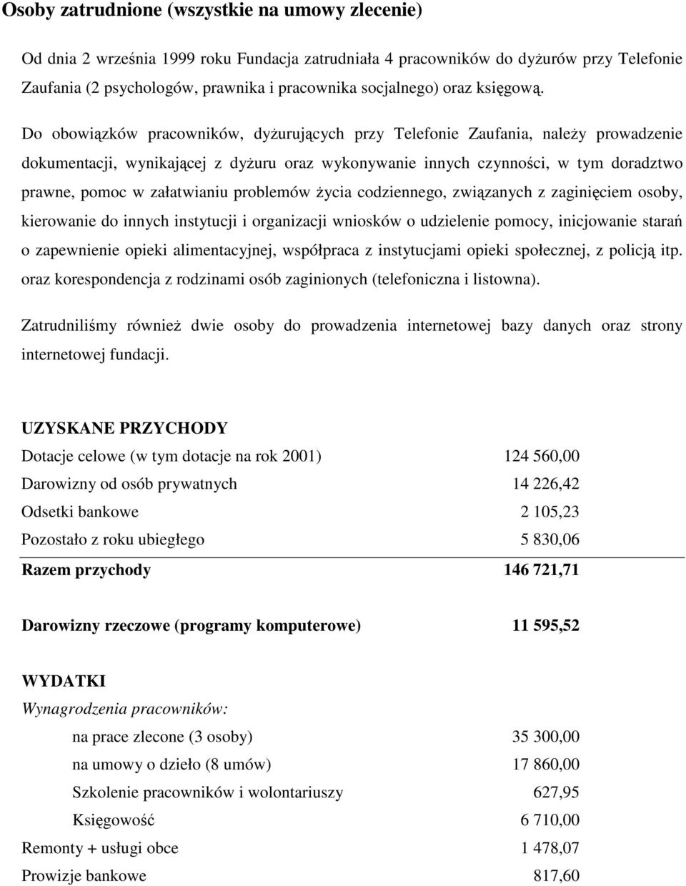 Do obowizków pracowników, dyurujcych przy Telefonie Zaufania, naley prowadzenie dokumentacji, wynikajcej z dyuru oraz wykonywanie innych czynnoci, w tym doradztwo prawne, pomoc w załatwianiu