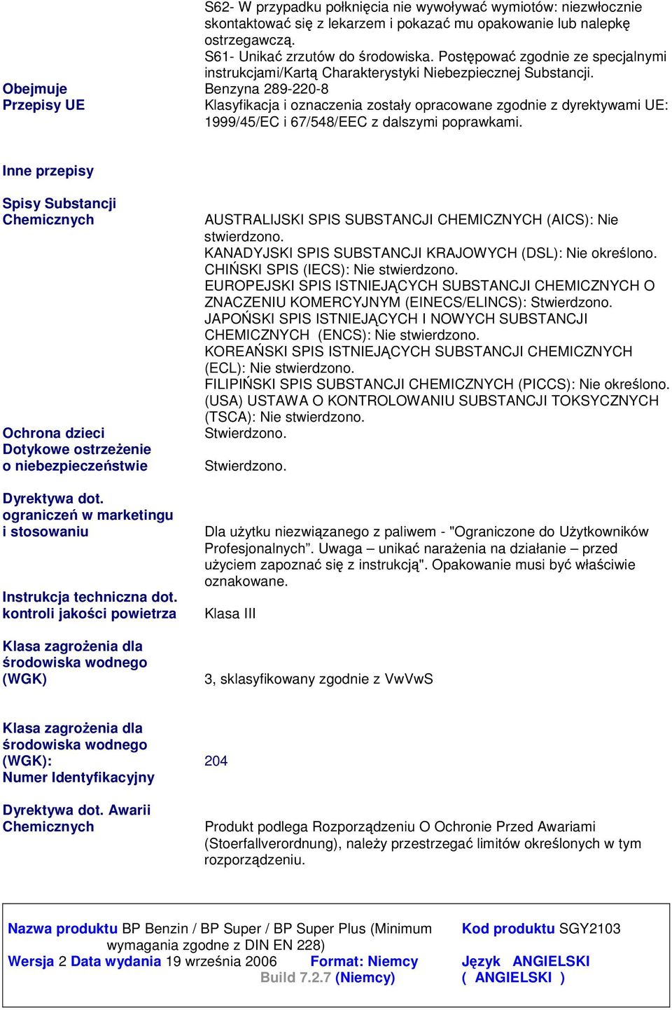 Klasyfikacja i oznaczenia zostały opracowane zgodnie z dyrektywami UE: 1999/45/EC i 67/548/EEC z dalszymi poprawkami.