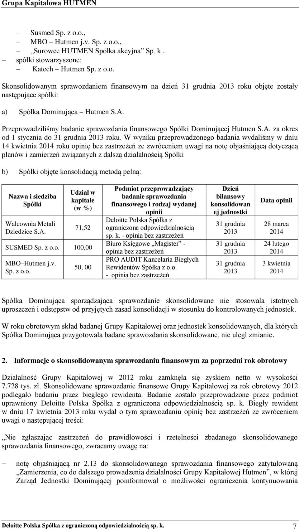 W wyniku przeprowadzonego badania wydaliśmy w dniu 14 kwietnia 2014 roku opinię bez zastrzeżeń ze zwróceniem uwagi na notę objaśniającą dotyczącą planów i zamierzeń związanych z dalszą działalnością