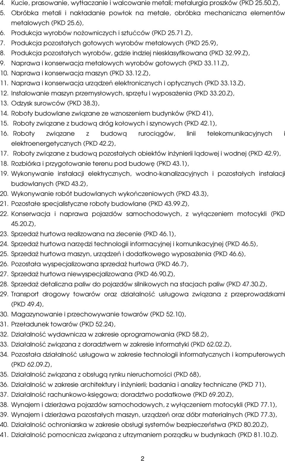 Z), 9. Naprawa i konserwacja metalowych wyrobów gotowych (PKD 33.11.Z), 10. Naprawa i konserwacja maszyn (PKD 33.12.Z), 11. Naprawa i konserwacja urządzeń elektronicznych i optycznych (PKD 33.13.