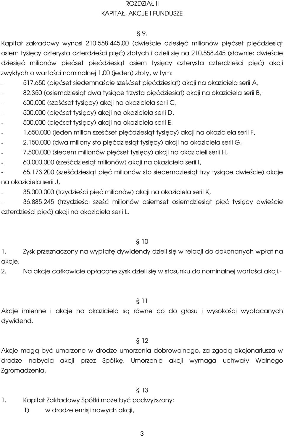 445 (słownie: dwieście dziesięć milionów pięćset pięćdziesiąt osiem tysięcy czterysta czterdzieści pięć) akcji zwykłych o wartości nominalnej 1,00 (jeden) złoty, w tym: - 517.