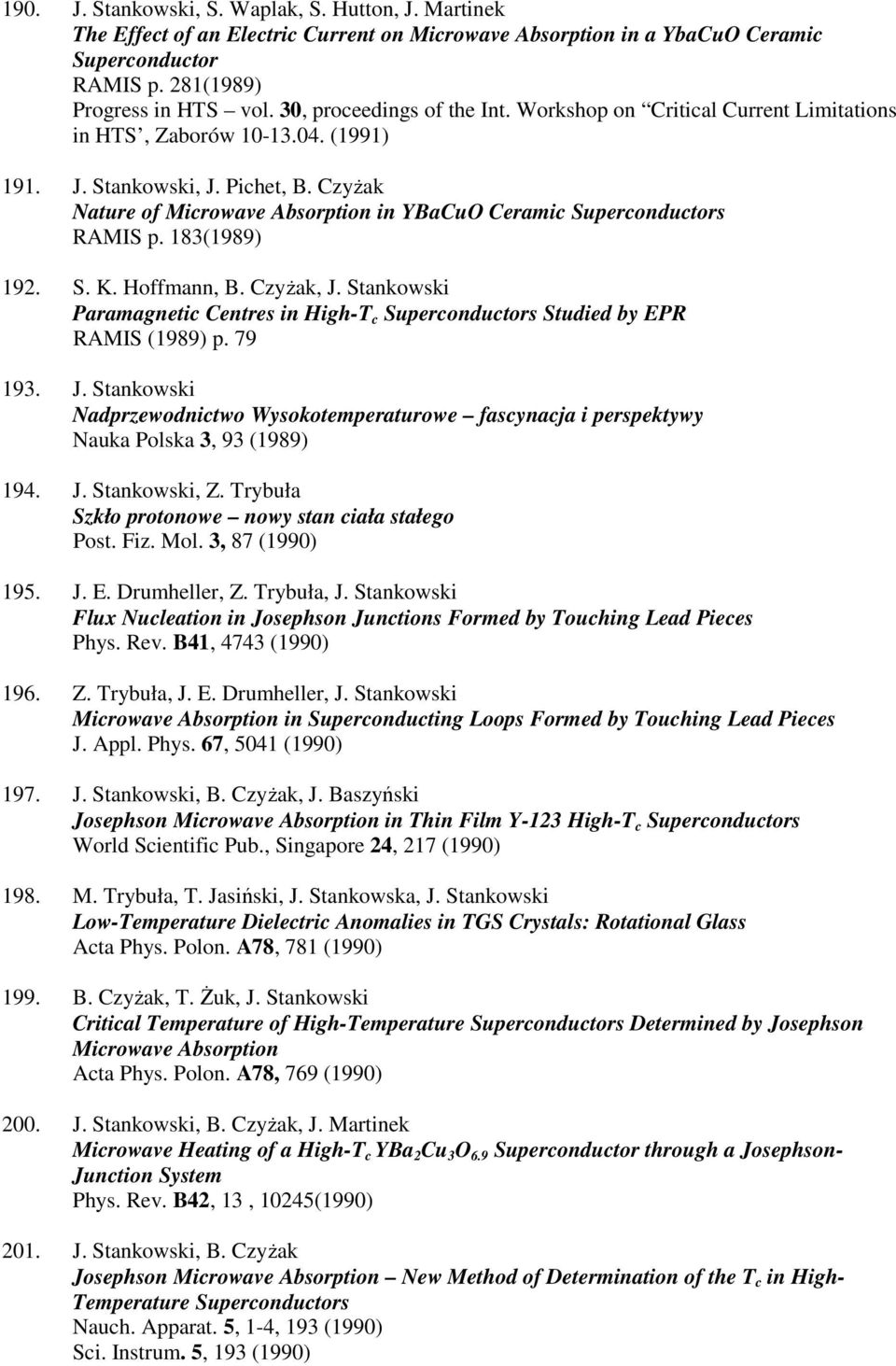 Czyżak Nature of Microwave Absorption in YBaCuO Ceramic Superconductors RAMIS p. 183(1989) 192. S. K. Hoffmann, B. Czyżak, J.