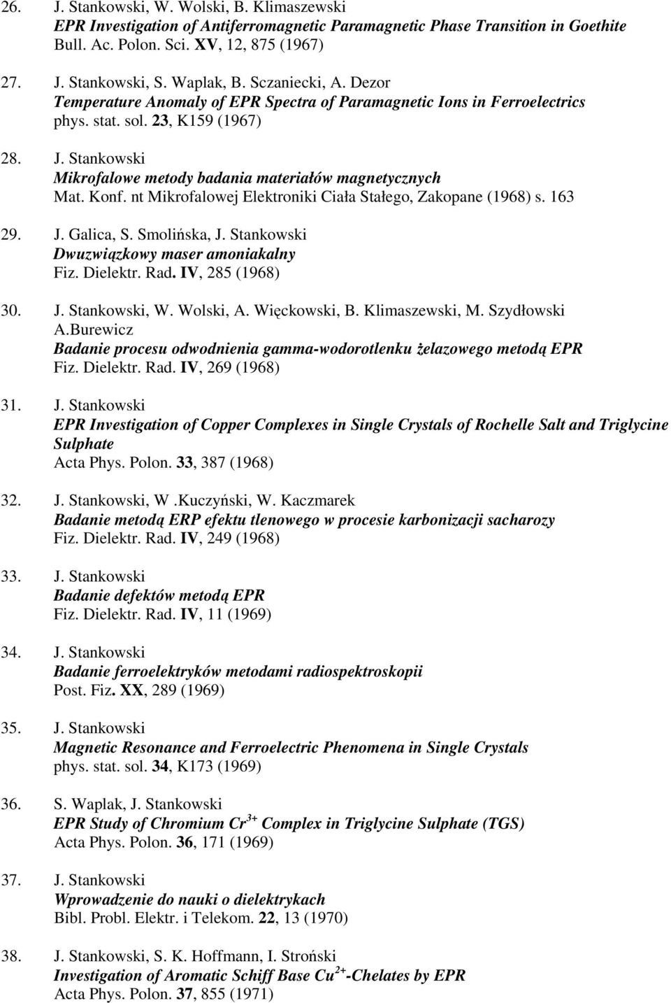 Stankowski Mikrofalowe metody badania materiałów magnetycznych Mat. Konf. nt Mikrofalowej Elektroniki Ciała Stałego, Zakopane (1968) s. 163 29. J. Galica, S. Smolińska, J.