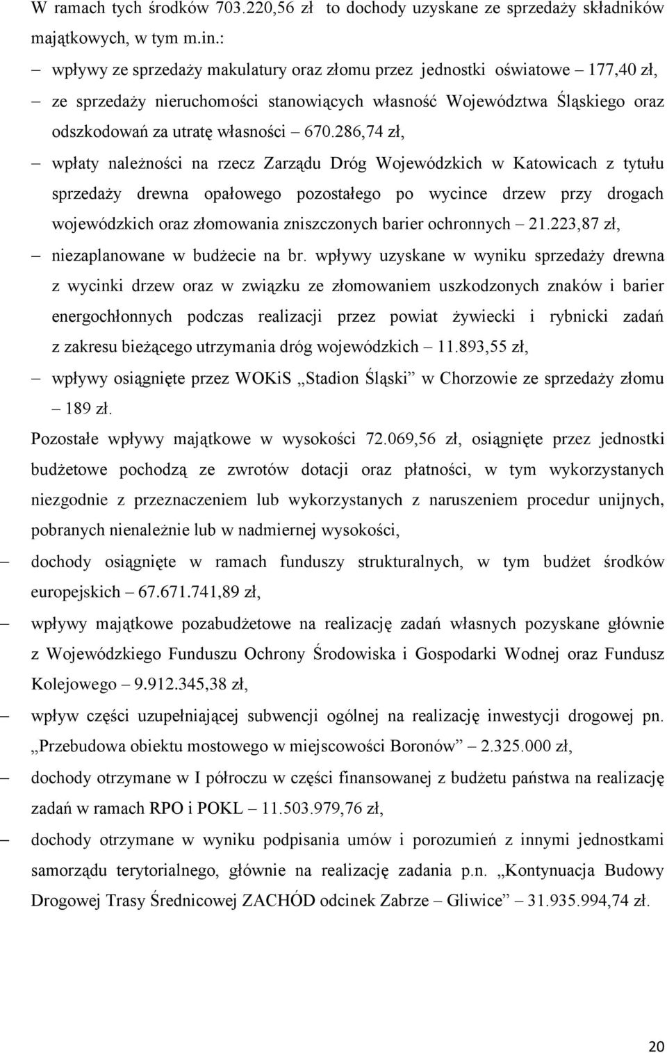 286,74 zł, wpłaty należności na rzecz Zarządu Dróg Wojewódzkich w Katowicach z tytułu sprzedaży drewna opałowego pozostałego po wycince drzew przy drogach wojewódzkich oraz złomowania zniszczonych