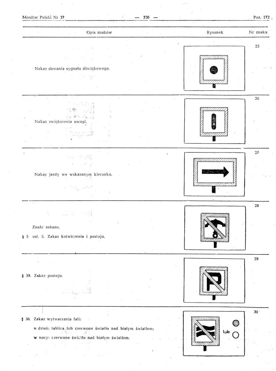 5. Zakaz kotwiczenia postoju. 29 39. Zakaz posloju. 36. Zakaz wytwarzania fah: w dzień: tablica.