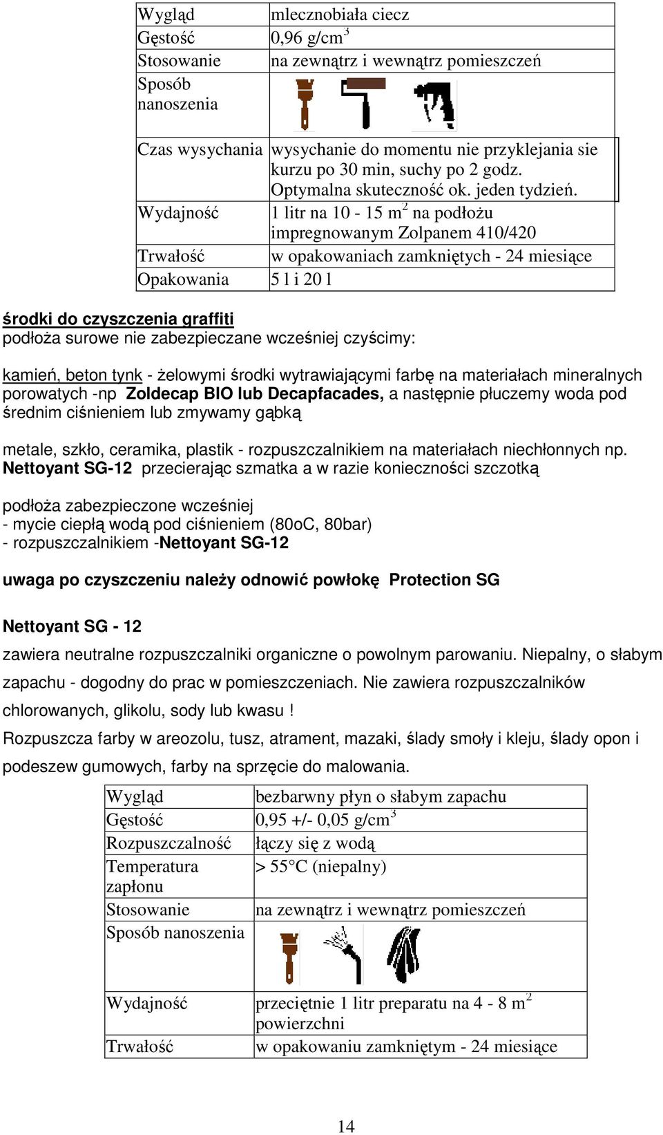 Wydajność 1 litr na 10-15 m 2 na podłoŝu impregnowanym Zolpanem 410/420 Trwałość w opakowaniach zamkniętych - 24 miesiące Opakowania 5 l i 20 l środki do czyszczenia graffiti podłoŝa surowe nie