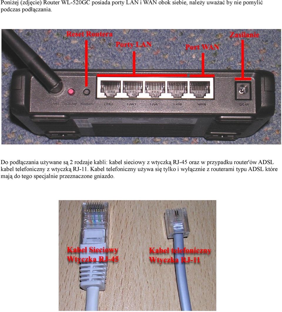 Do podłączania używane są 2 rodzaje kabli: kabel sieciowy z wtyczką RJ-45 oraz w przypadku
