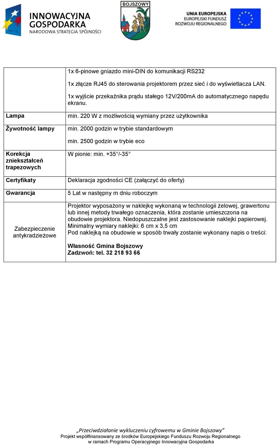 2500 godzin w trybie eco Korekcja zniekształceń trapezowych Certyfikaty Gwarancja Zabezpieczenie antykradzieżowe W pionie: min.