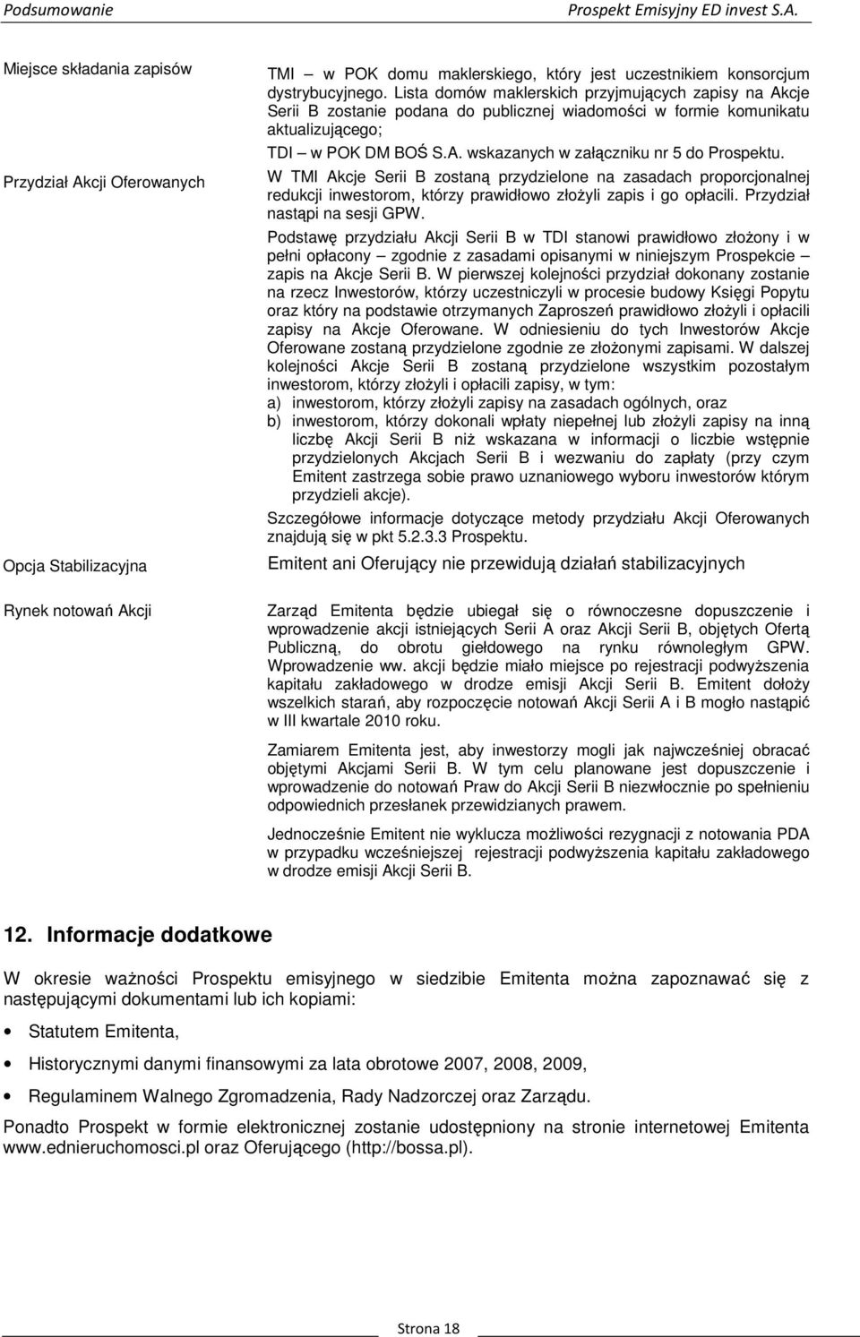 Lista domów maklerskich przyjmujących zapisy na Akcje Serii B zostanie podana do publicznej wiadomości w formie komunikatu aktualizującego; TDI w POK DM BOŚ S.A. wskazanych w załączniku nr 5 do Prospektu.