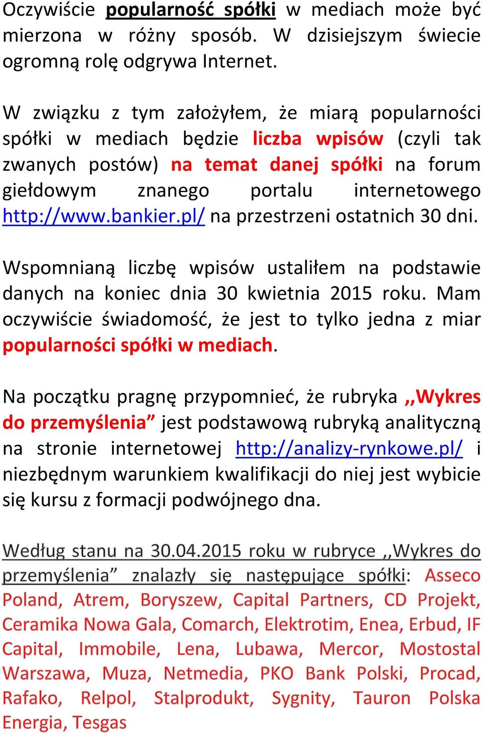 bankier.pl/ na przestrzeni ostatnich 30 dni. Wspomnianą liczbę wpisów ustaliłem na podstawie danych na koniec dnia 30 kwietnia 2015 roku.