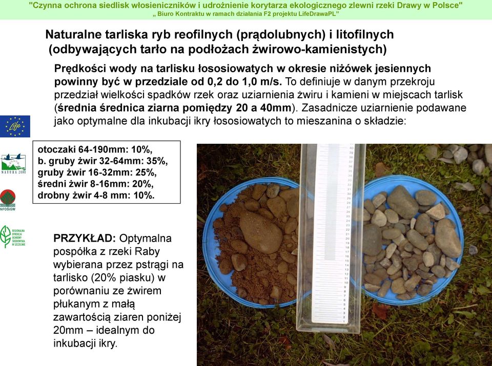 Zasadnicze uziarnienie podawane jako optymalne dla inkubacji ikry łososiowatych to mieszanina o składzie: otoczaki 64-190mm: 10%, b.