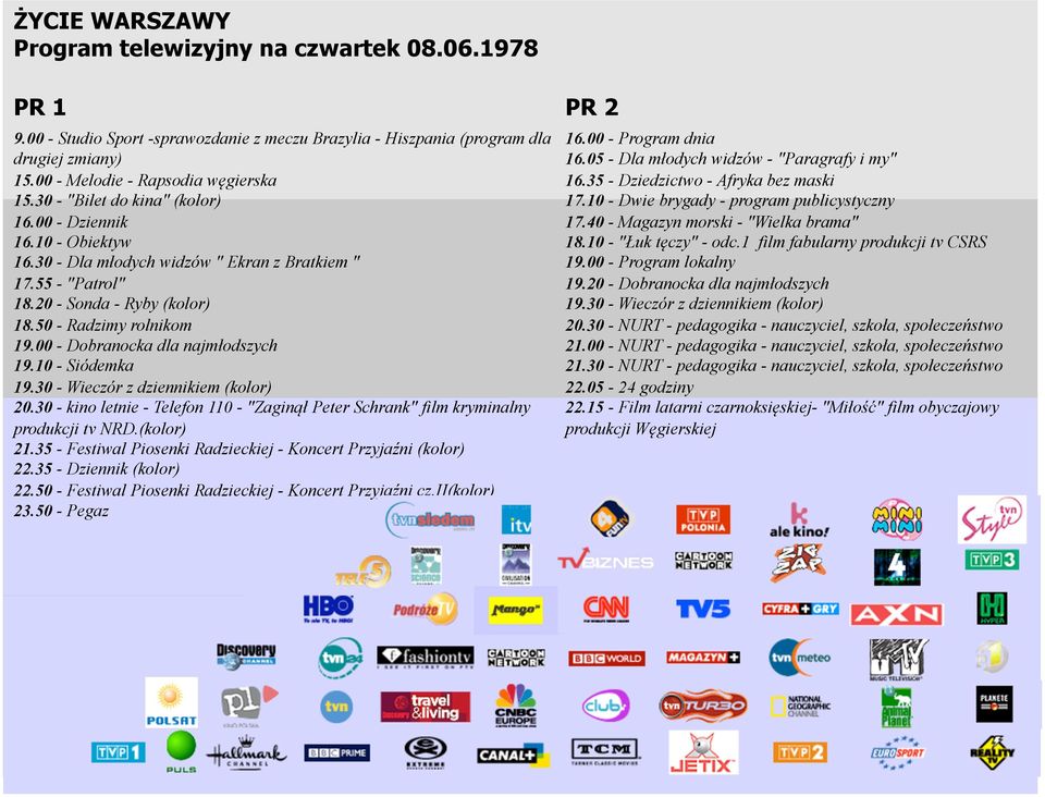 00 - Dobranocka dla najmłodszych 19.10 - Siódemka 19.30 - Wieczór z dziennikiem (kolor) 20.30 - kino letnie - Telefon 110 - "Zaginął Peter Schrank" film kryminalny produkcji tv NRD.(kolor) 21.