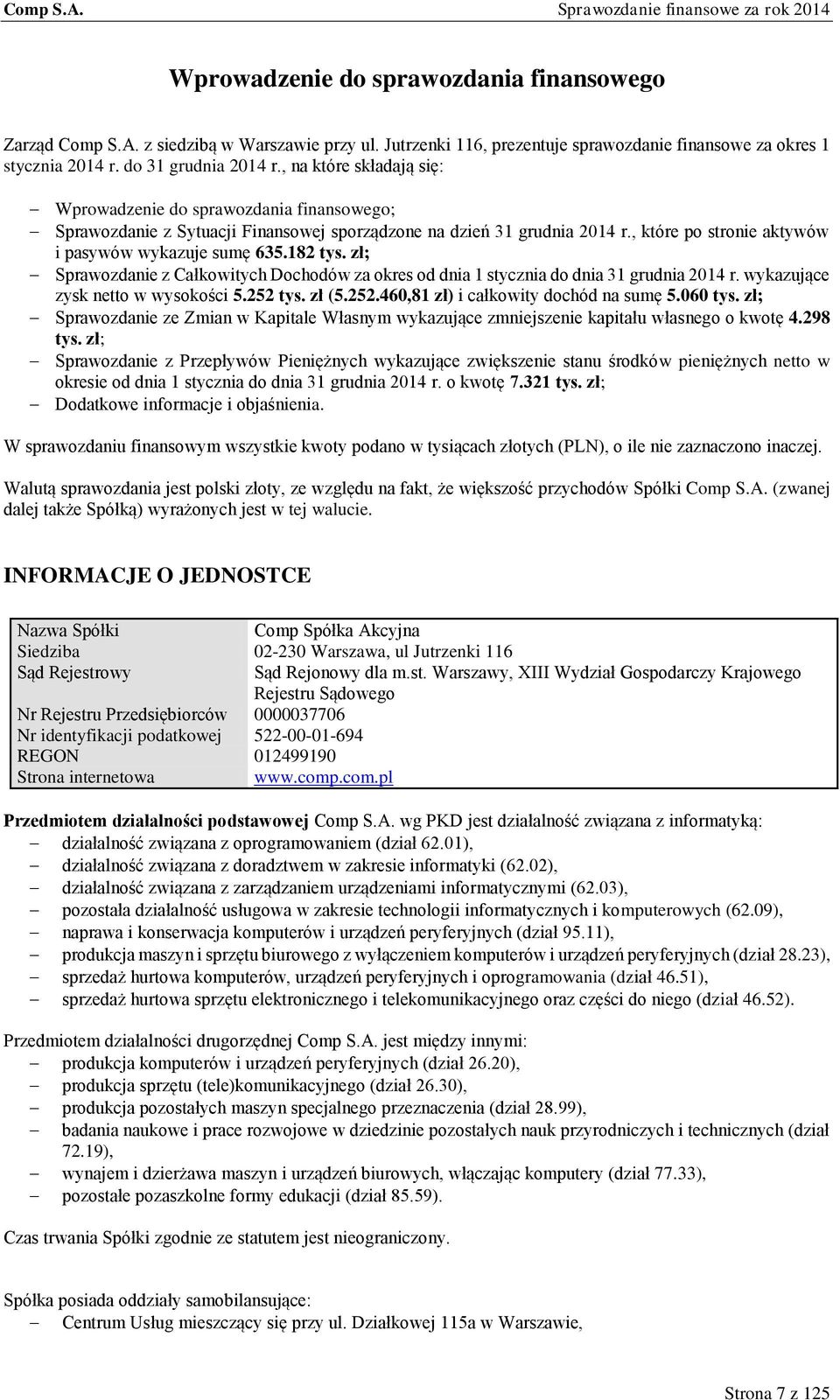 182 tys. zł; Sprawozdanie z Całkowitych Dochodów za okres od dnia 1 stycznia do dnia 31 grudnia 2014 r. wykazujące zysk netto w wysokości 5.252 tys. zł (5.252.460,81 zł) i całkowity dochód na sumę 5.