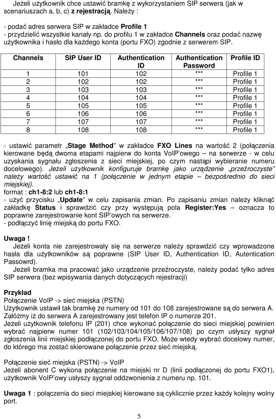 do profilu 1 w zakładce Channels oraz podać nazwę uŝytkownika i hasło dla kaŝdego konta (portu FXO) zgodnie z serwerem SIP.