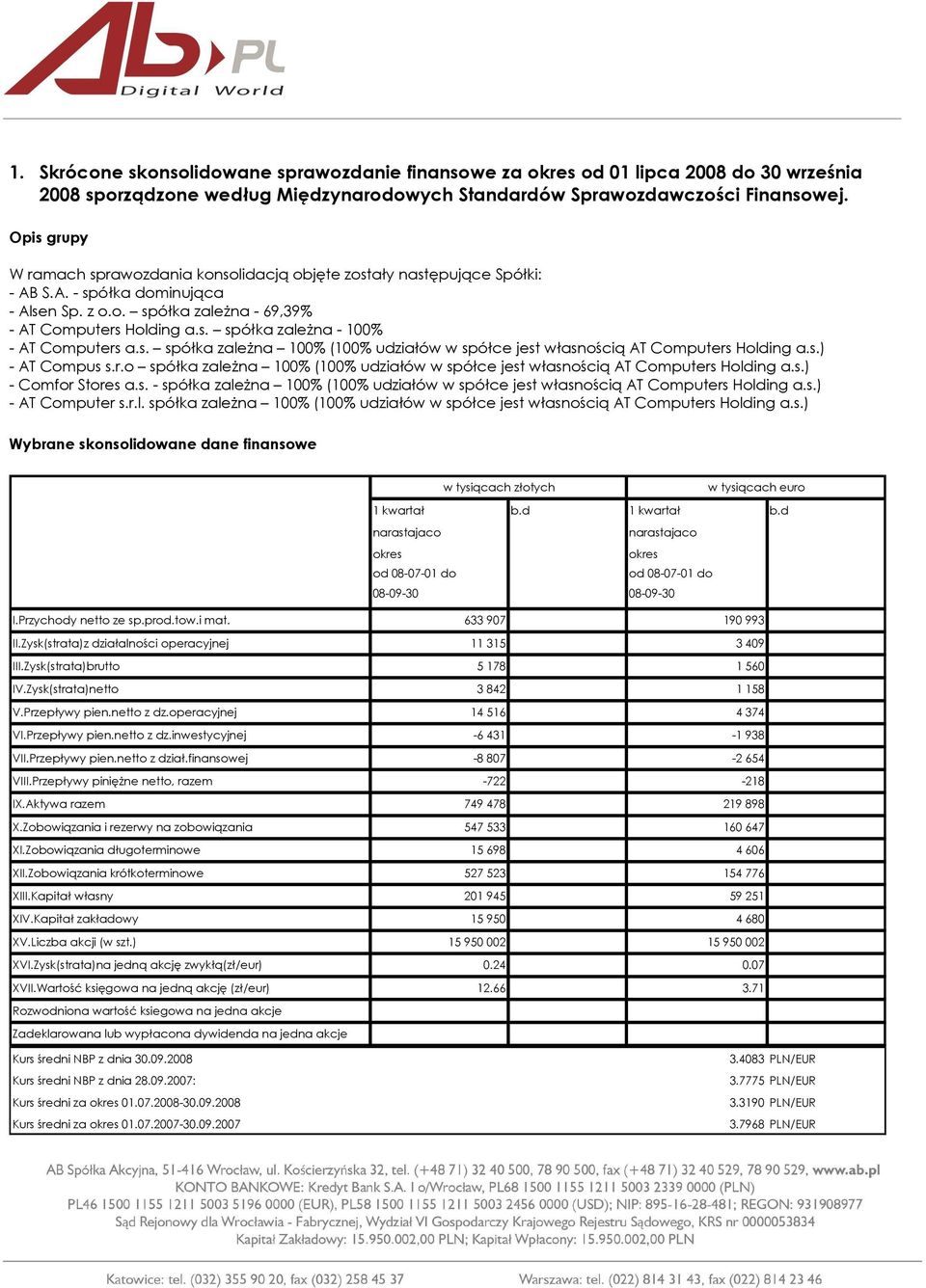 s. spółka zaleŝna 100% (100% udziałów w spółce jest własnością AT Computers Holding a.s.) - AT Compus s.r.o spółka zaleŝna 100% (100% udziałów w spółce jest własnością AT Computers Holding a.s.) - Comfor Stores a.