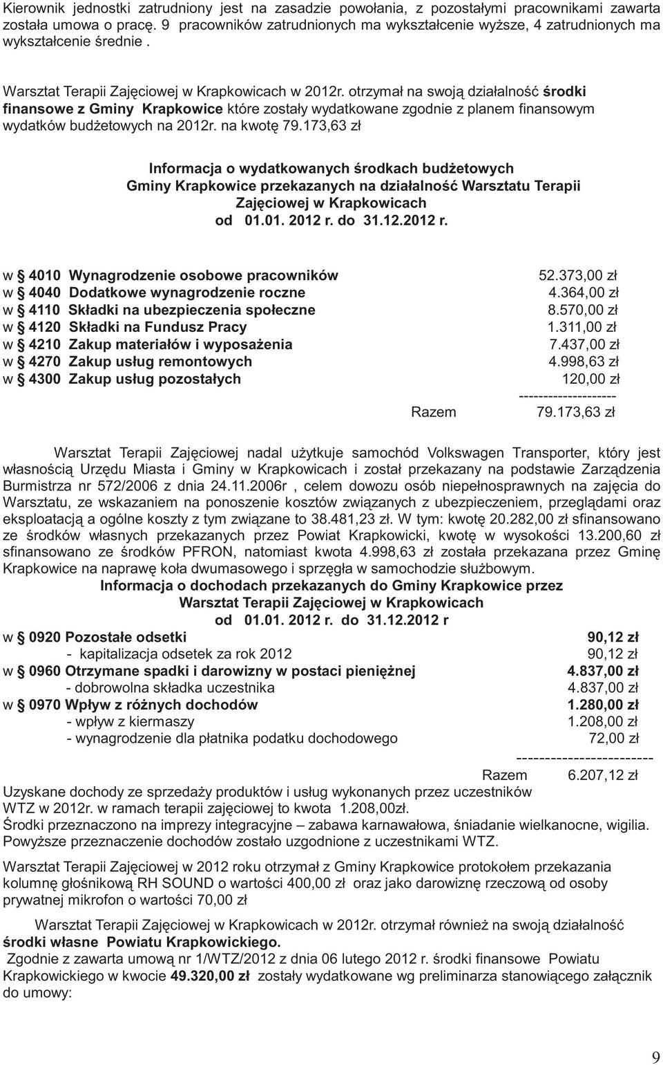 otrzymał na swoj działalno rodki finansowe z Gminy Krapkowice które zostały wydatkowane zgodnie z planem finansowym wydatków bud etowych na 2012r. na kwot 79.