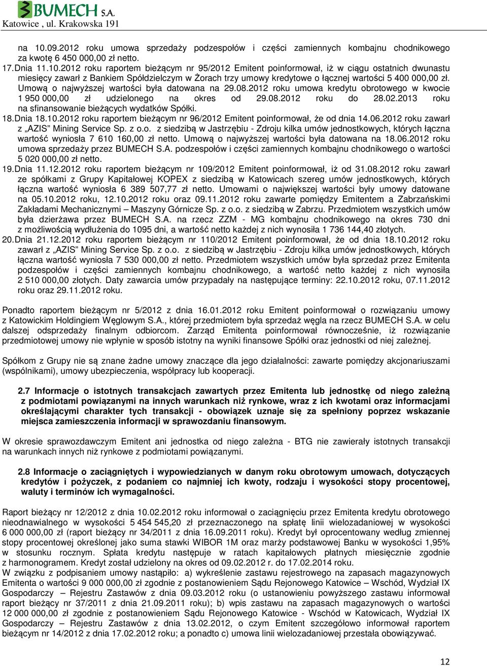 2012 roku raportem bieżącym nr 95/2012 Emitent poinformował, iż w ciągu ostatnich dwunastu miesięcy zawarł z Bankiem Spółdzielczym w Żorach trzy umowy kredytowe o łącznej wartości 5 400 000,00 zł.