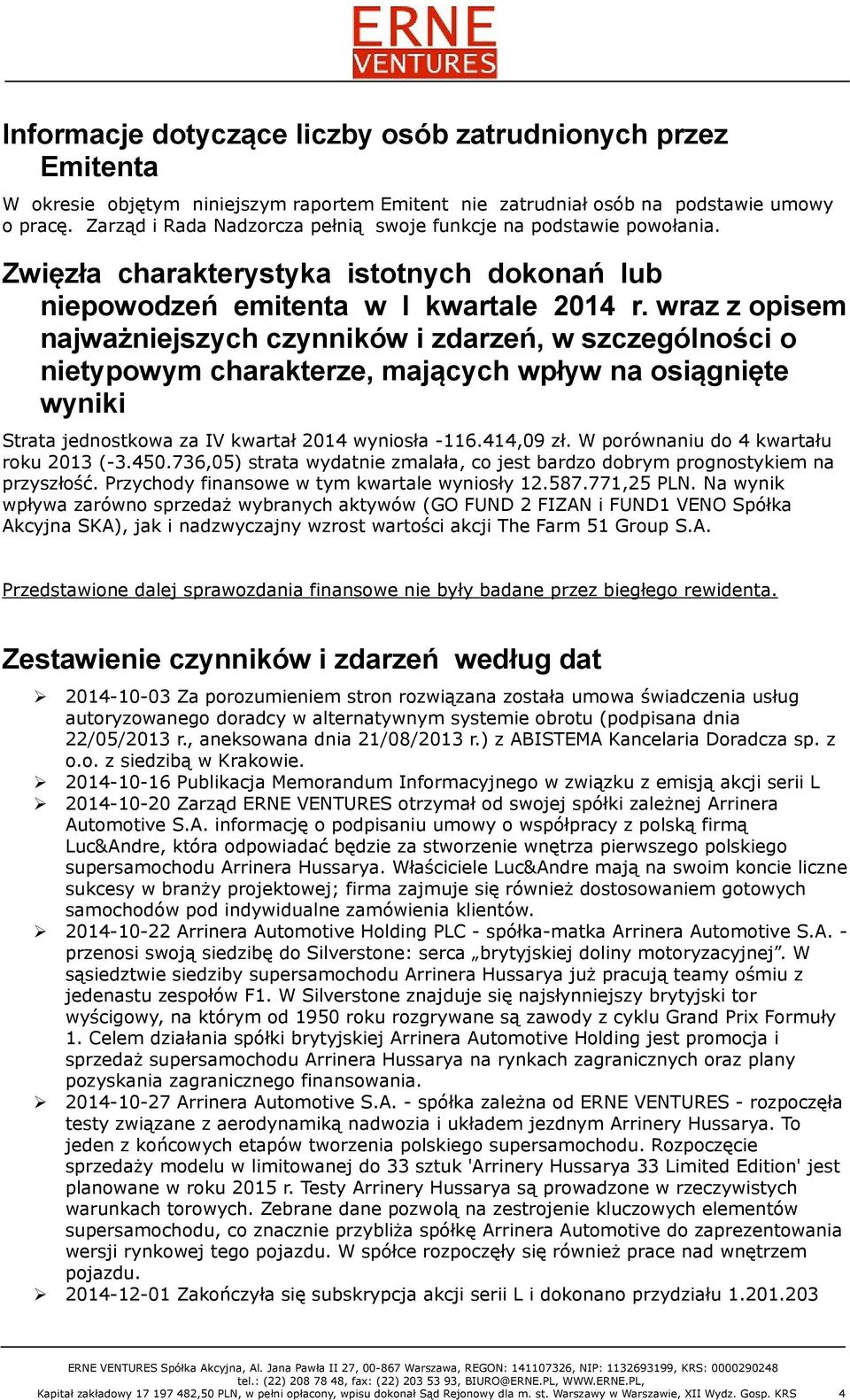 wraz z opisem najważniejszych czynników i zdarzeń, w szczególności o nietypowym charakterze, mających wpływ na osiągnięte wyniki Strata jednostkowa za IV kwartał 2014 wyniosła -116.414,09 zł.