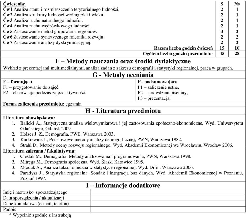 Razem liczba godzin ćwiczeń Ogółem liczba godzin przedmiotu: 5 8 F Metody nauczania oraz środki dydaktyczne Wykład z prezentacjami multimedialnymi, analiza zadań z zakresu demografii i statystyki