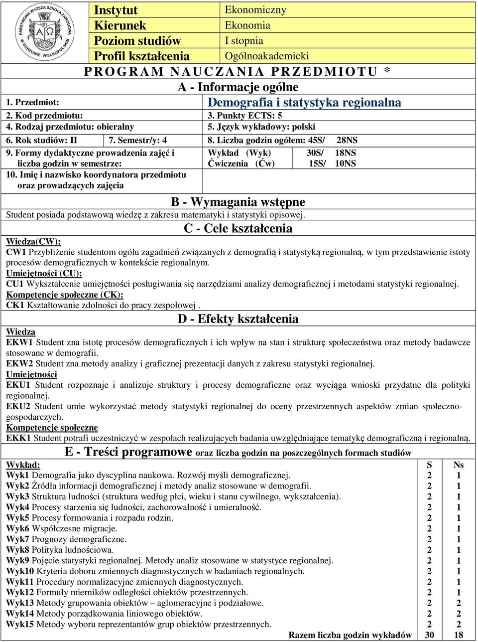 Liczba godzin ogółem: 5S/ 8NS 9. Formy dydaktyczne prowadzenia zajęć i Wykład (Wyk) 0S/ 8NS liczba godzin w semestrze: Ćwiczenia (Ćw) 5S/ 0NS 0.