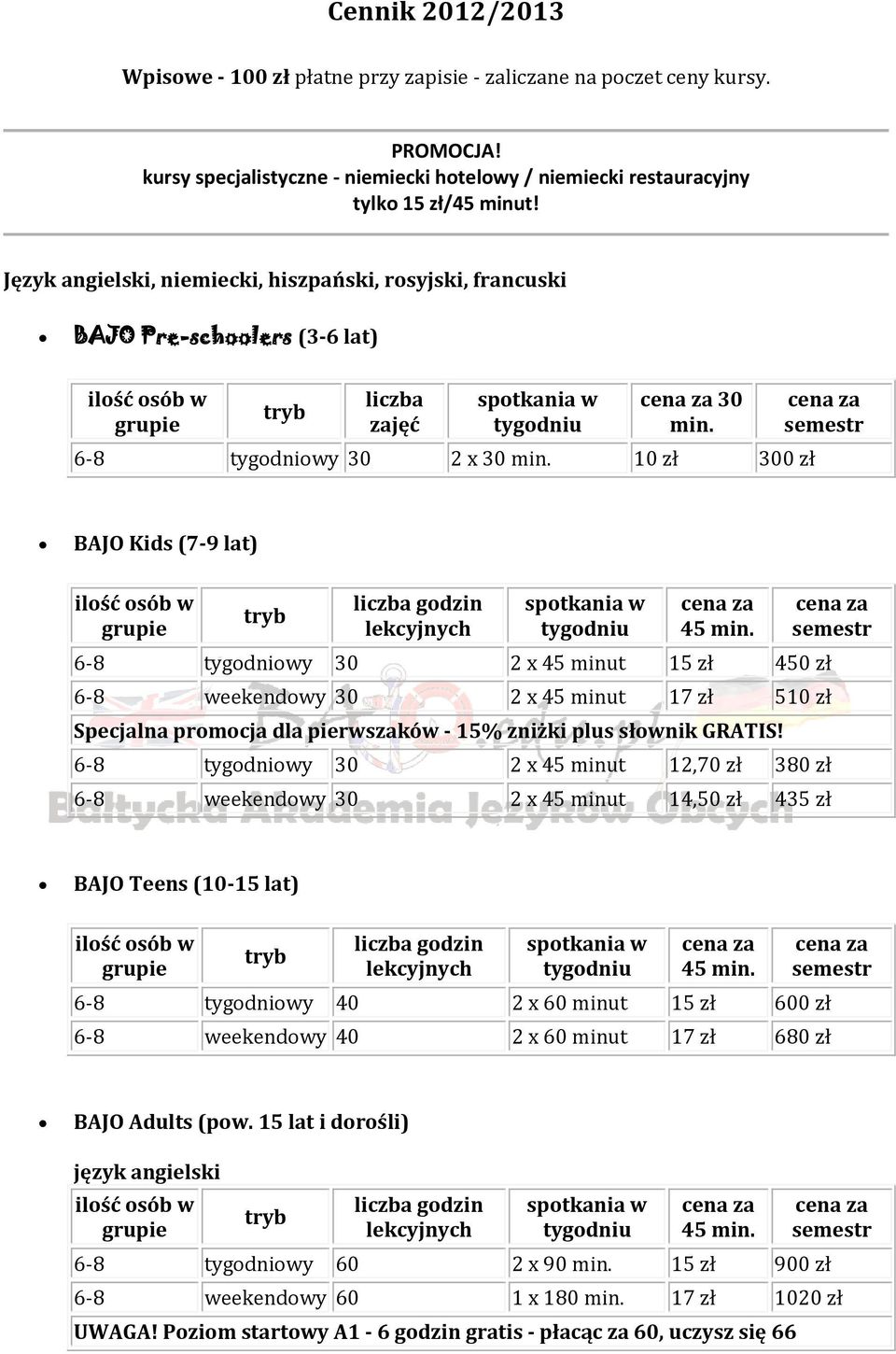 450 zł 6-8 weekendowy 30 2 x 45 minut 17 zł 510 zł Specjalna promocja dla pierwszaków - 15% zniżki plus słownik GRATIS!