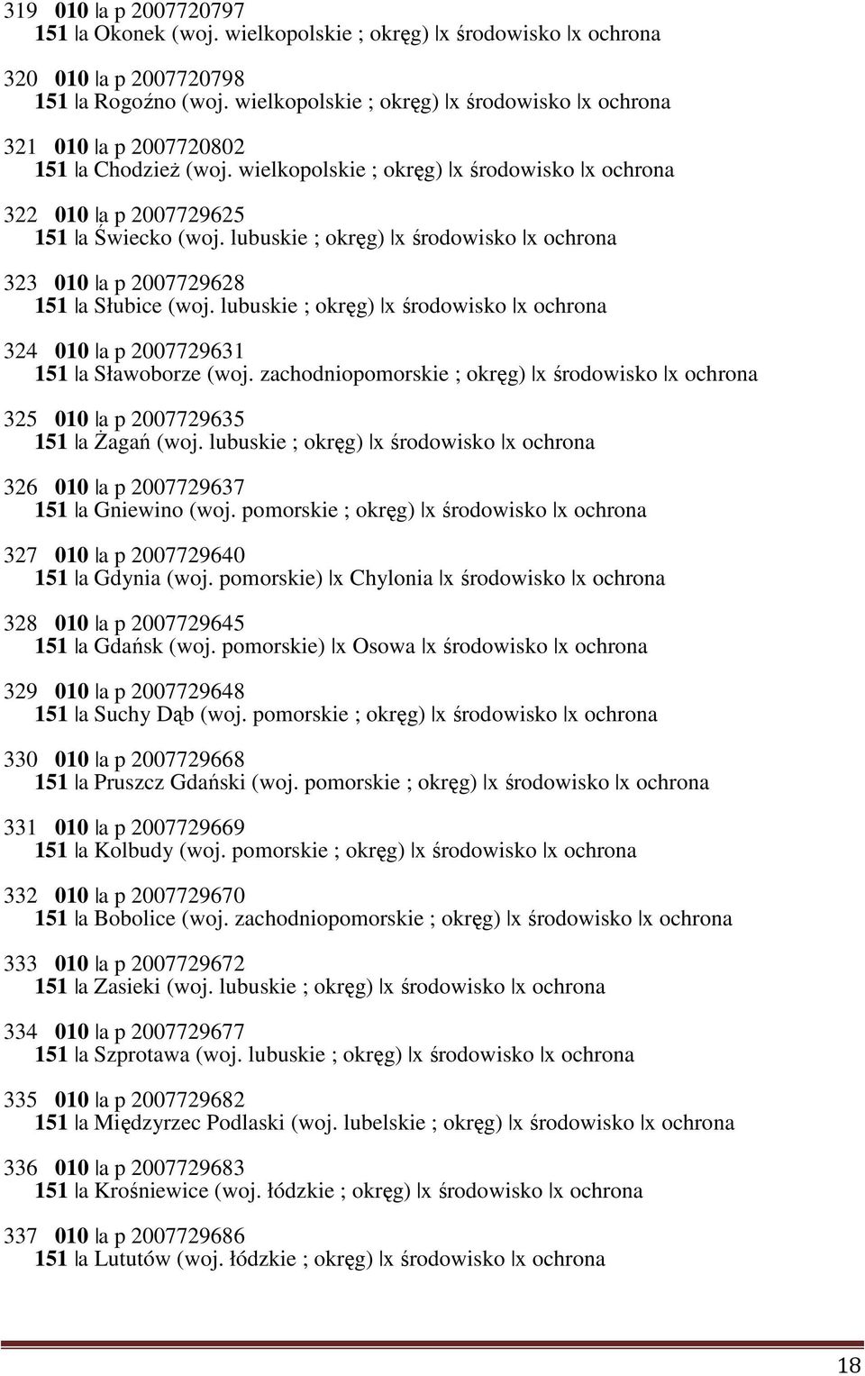 lubuskie ; okręg) x środowisko x ochrona 323 010 a p 2007729628 151 a Słubice (woj. lubuskie ; okręg) x środowisko x ochrona 324 010 a p 2007729631 151 a Sławoborze (woj.