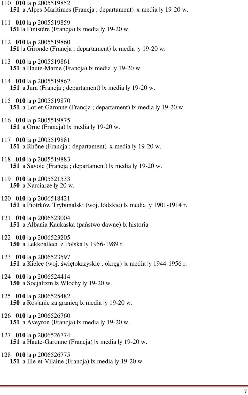 114 010 a p 2005519862 151 a Jura (Francja ; departament) x media y 19-20 w. 115 010 a p 2005519870 151 a Lot-et-Garonne (Francja ; departament) x media y 19-20 w.