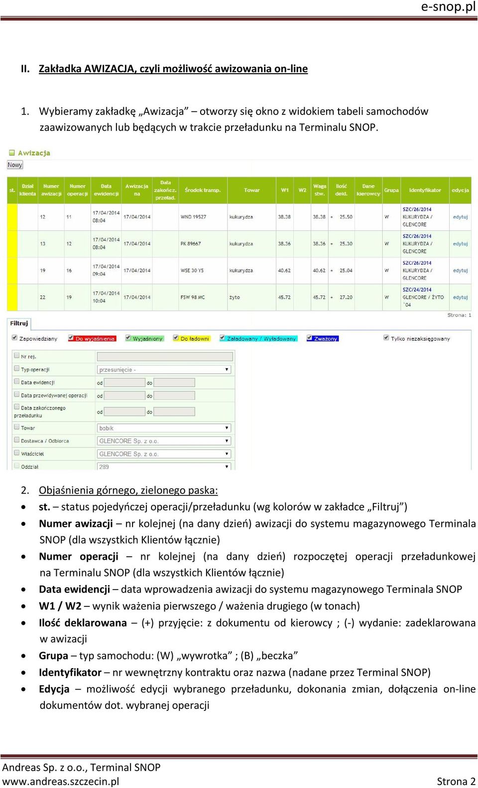 status pojedyńczej operacji/przeładunku (wg kolorów w zakładce Filtruj ) Numer awizacji nr kolejnej (na dany dzień) awizacji do systemu magazynowego Terminala SNOP (dla wszystkich Klientów łącznie)