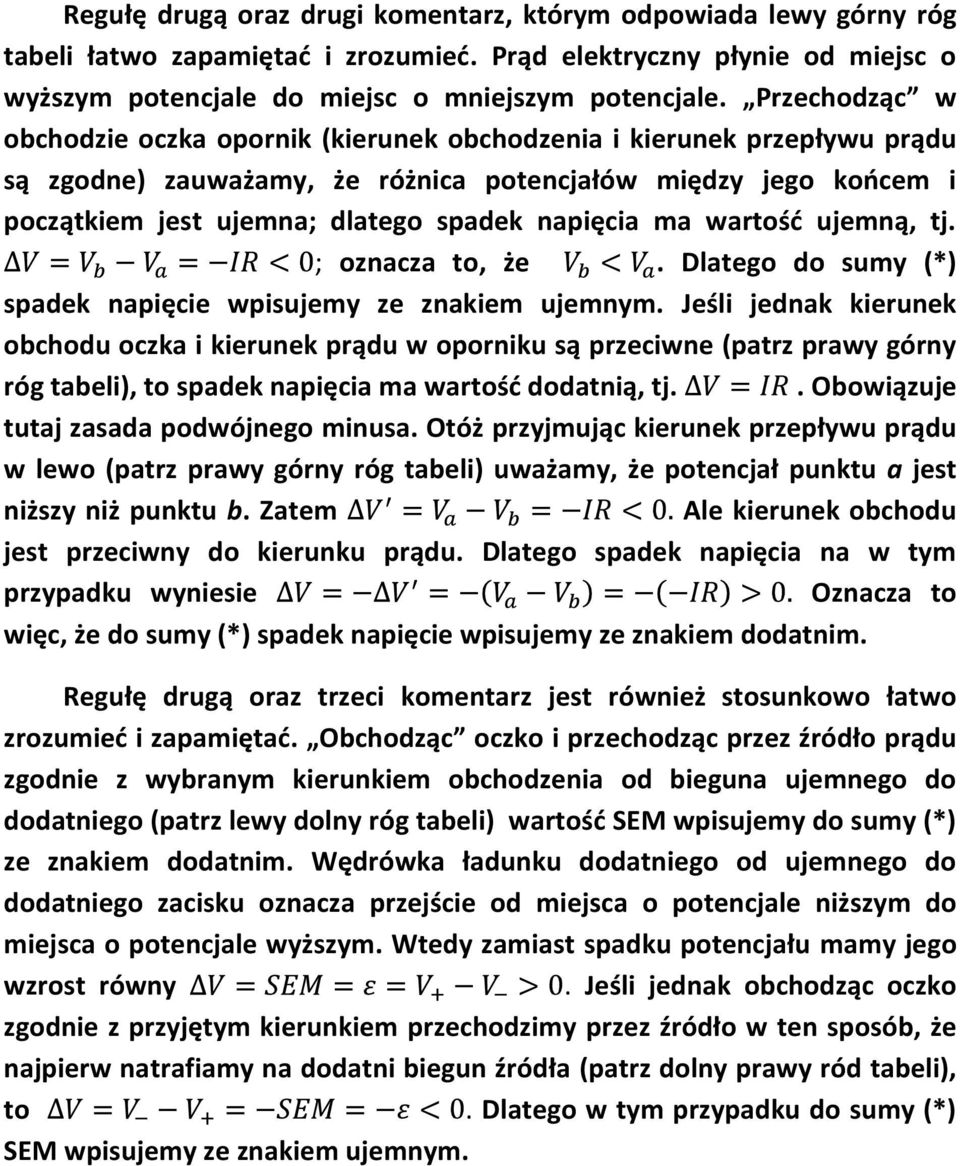 napięcia ma wartośd ujemną, tj ; oznacza to, że Dlatego do sumy (*) spadek napięcie wpisujemy ze znakiem ujemnym Jeśli jednak kierunek obchodu oczka i kierunek prądu w oporniku są przeciwne (patrz