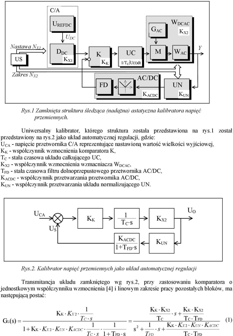 2 jako układ automatycznej regulacji, gdzie: U CA - napięcie przetwornika C/A reprezentujące nastawioną wartość wielkości wyjściowej, K K - współczynnik wzmocnienia komparatora K, T C - stała czasowa