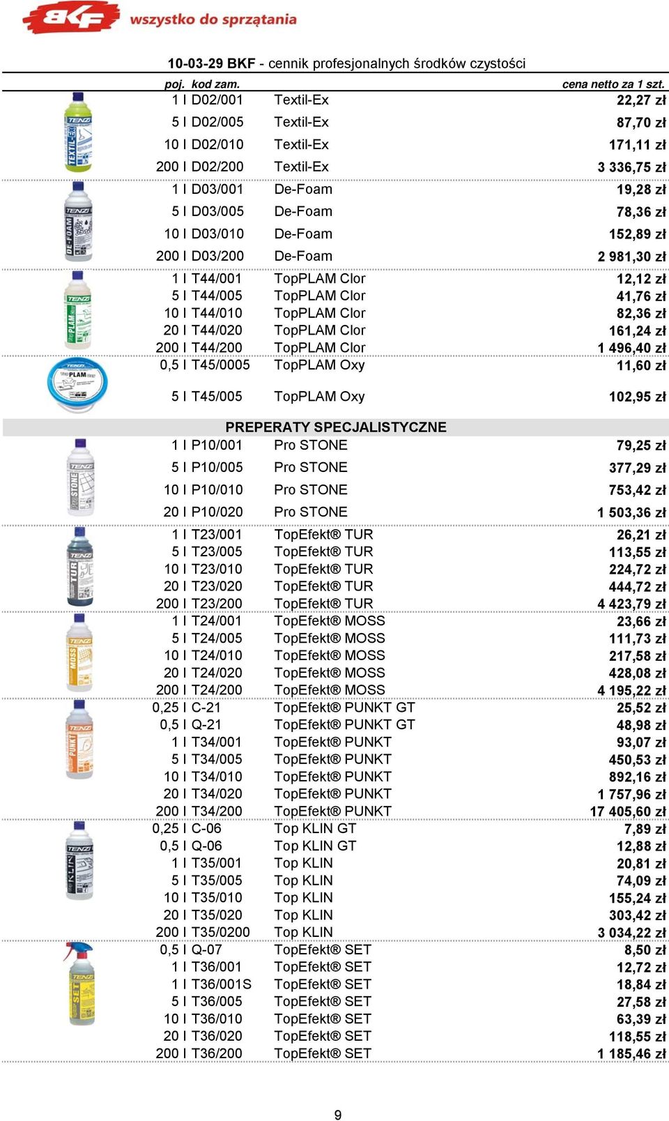 D03/010 De-Foam 152,89 zł 200 l D03/200 De-Foam 2 981,30 zł 1 l T44/001 TopPLAM Clor 12,12 zł 5 l T44/005 TopPLAM Clor 41,76 zł 10 l T44/010 TopPLAM Clor 82,36 zł 20 l T44/020 TopPLAM Clor 161,24 zł