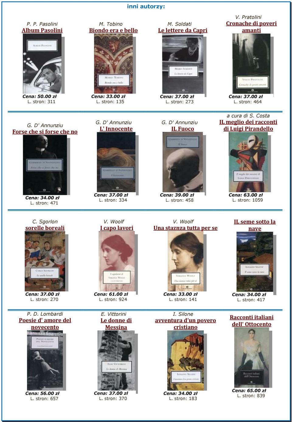 stron: 334 Cena: 39.00 zł L. stron: 458 Cena: 63.00 zł L. stron: 1059 C. Sgorlon sorelle boreali V. Woolf I capo lavori V. Woolf Una staznza tutta per se IL seme sotto la nave L. stron: 270 Cena: 61.