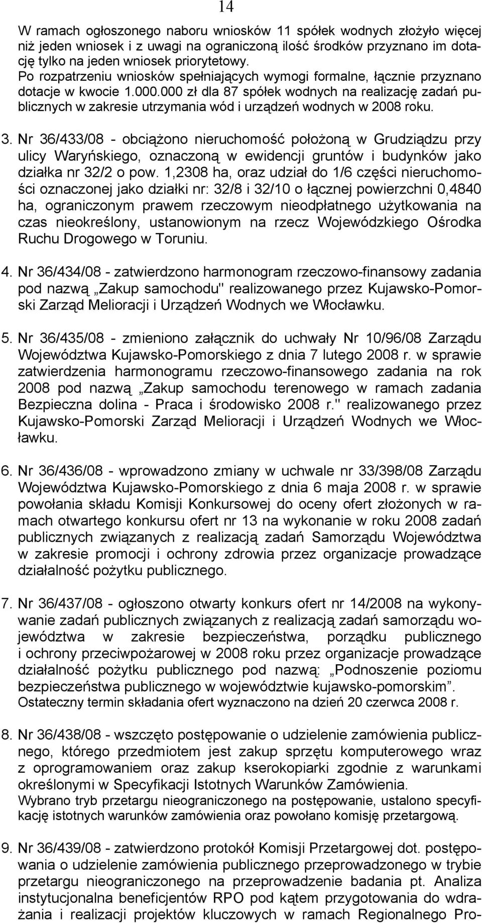 000 zł dla 87 spółek wodnych na realizację zadań publicznych w zakresie utrzymania wód i urządzeń wodnych w 2008 roku. 3.