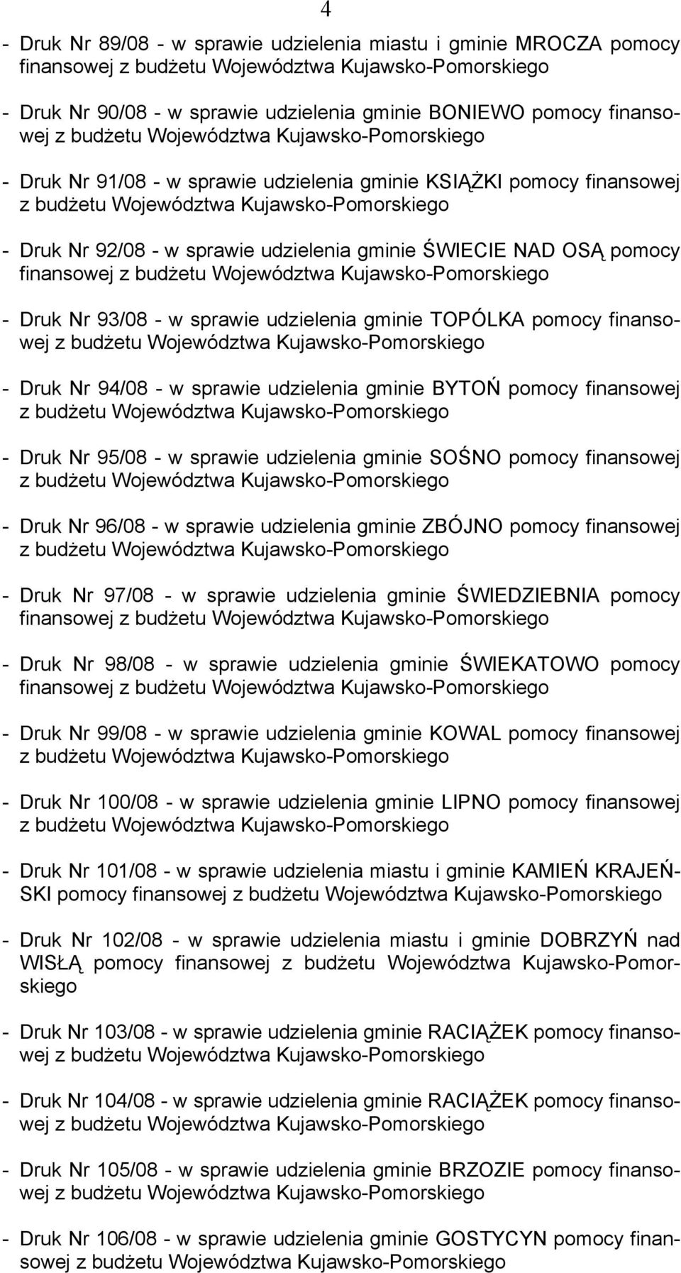 sprawie udzielenia gminie BYTOŃ pomocy finansowej - Druk Nr 95/08 - w sprawie udzielenia gminie SOŚNO pomocy finansowej - Druk Nr 96/08 - w sprawie udzielenia gminie ZBÓJNO pomocy finansowej - Druk