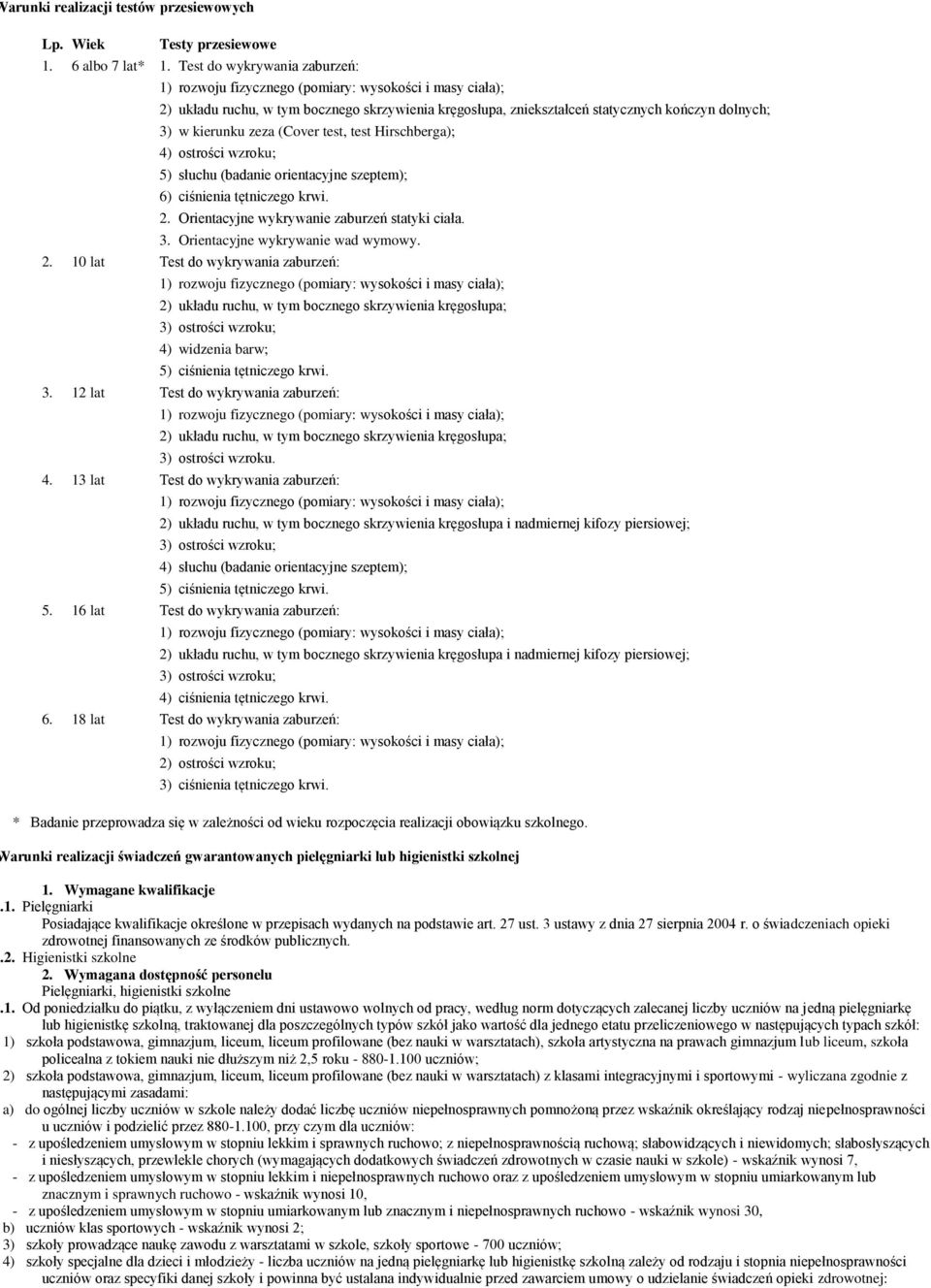 zeza (Cover test, test Hirschberga); 4) ostrości wzroku; 5) słuchu (badanie orientacyjne szeptem); 6) ciśnienia tętniczego krwi. 2. Orientacyjne wykrywanie zaburzeń statyki ciała. 3.