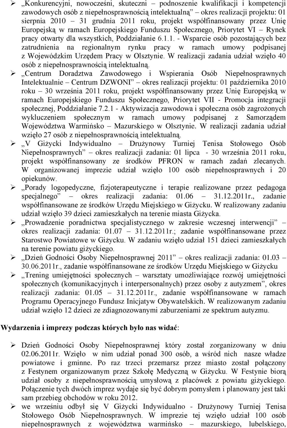 1. - Wsparcie osób pozostających bez zatrudnienia na regionalnym rynku pracy w ramach umowy podpisanej z Wojewódzkim Urzędem Pracy w Olsztynie.