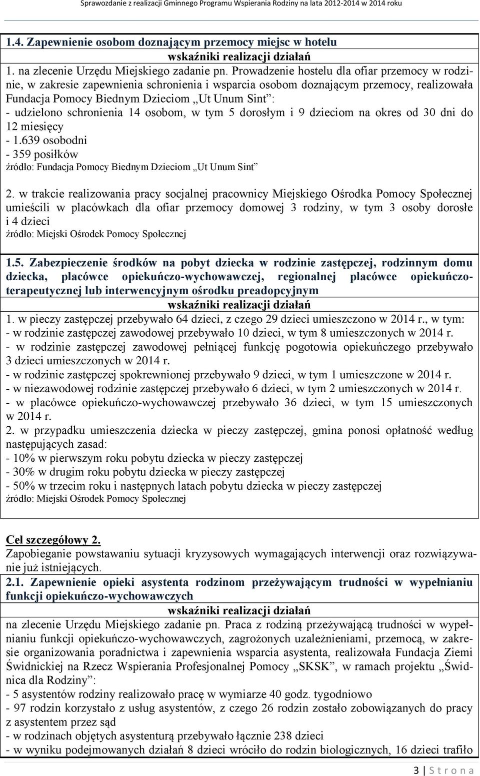 schronienia 14 osobom, w tym 5 dorosłym i 9 dzieciom na okres od 30 dni do 12 miesięcy - 1.639 osobodni - 359 posiłków źródło: Fundacja Pomocy Biednym Dzieciom Ut Unum Sint 2.