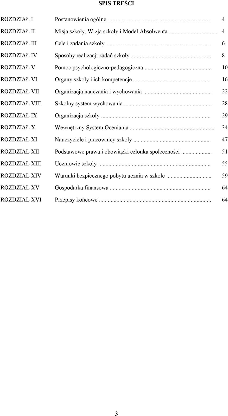 .. 22 ROZDZIAŁ VIII Szkolny system wychowania... 28 ROZDZIAŁ IX Organizacja szkoły... 29 ROZDZIAŁ X Wewnętrzny System Oceniania... 34 ROZDZIAŁ XI Nauczyciele i pracownicy szkoły.