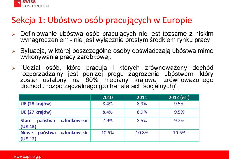 "Udział osób, które pracują i których zrównoważony dochód rozporządzalny jest poniżej progu zagrożenia ubóstwem, który został ustalony na 60% mediany krajowej