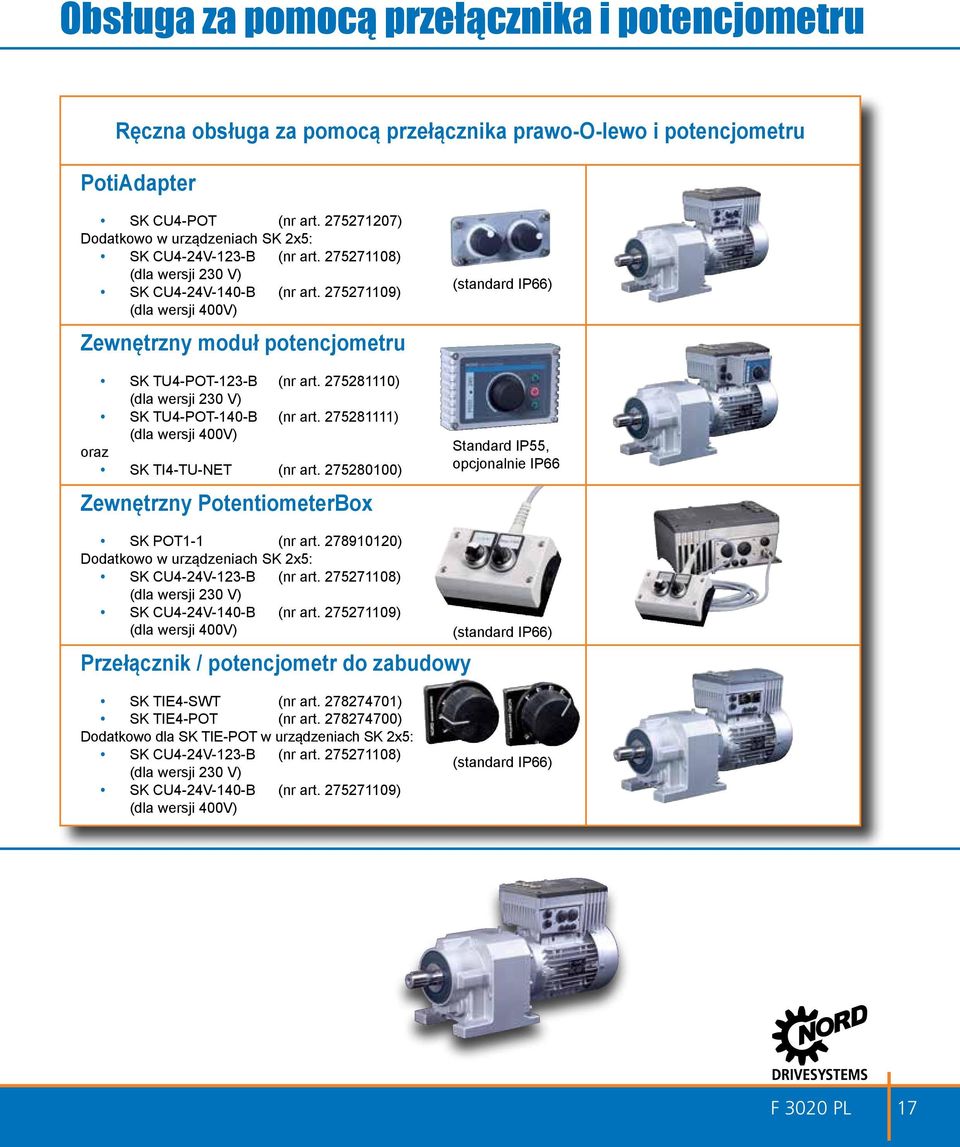 275271109) (dla wersji 400V) Zewnętrzny moduł potencjometru SK TU4-POT-123-B (nr art. 275281110) (dla wersji 230 V) SK TU4-POT-140-B (nr art. 275281111) (dla wersji 400V) oraz SK TI4-TU-NET (nr art.