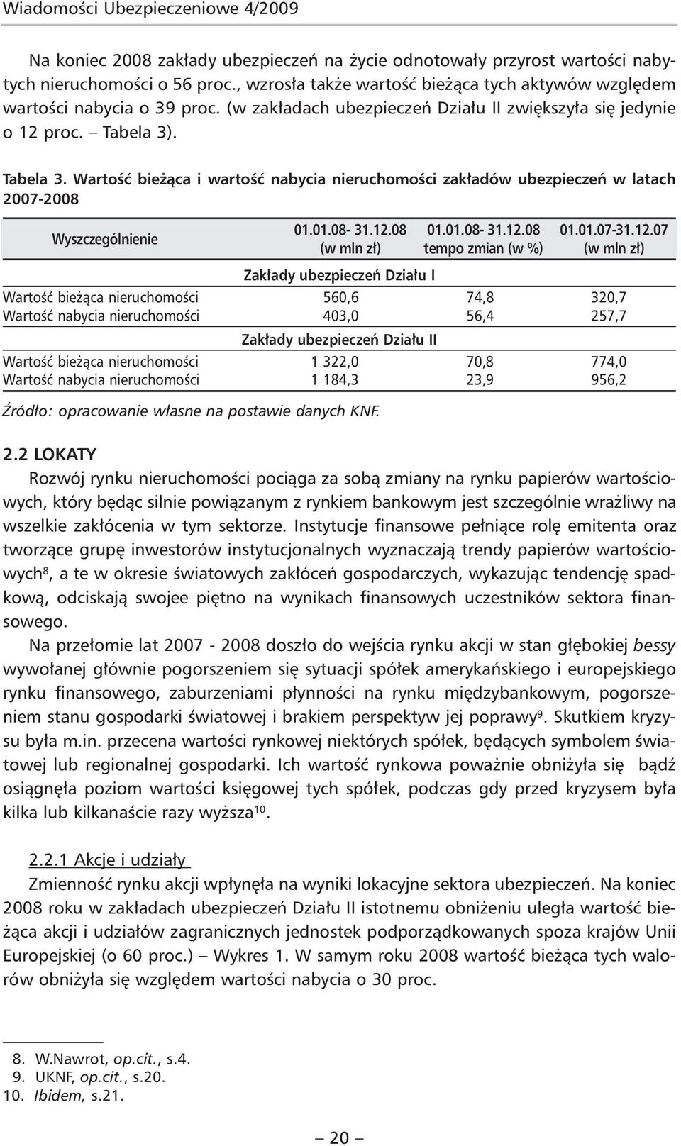 . Tabela 3. Wartość bieżąca i wartość nabycia nieruchomości zakładów ubezpieczeń w latach 2007-2008 Wyszczególnienie 01.01.08-31.12.