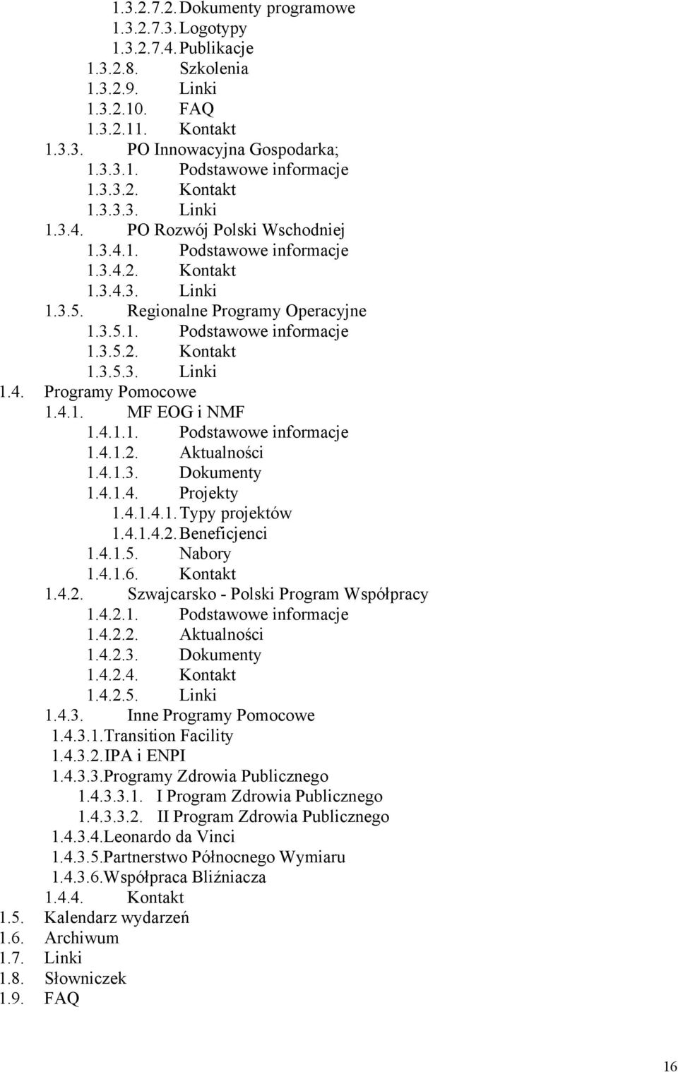 4.1. MF EOG i NMF 1.4.1.1. Podstawowe informacje 1.4.1.2. Aktualności 1.4.1.3. Dokumenty 1.4.1.4. Projekty 1.4.1.4.1. Typy projektów 1.4.1.4.2. Beneficjenci 1.4.1.5. Nabory 1.4.1.6. Kontakt 1.4.2. Szwajcarsko - Polski Program Współpracy 1.