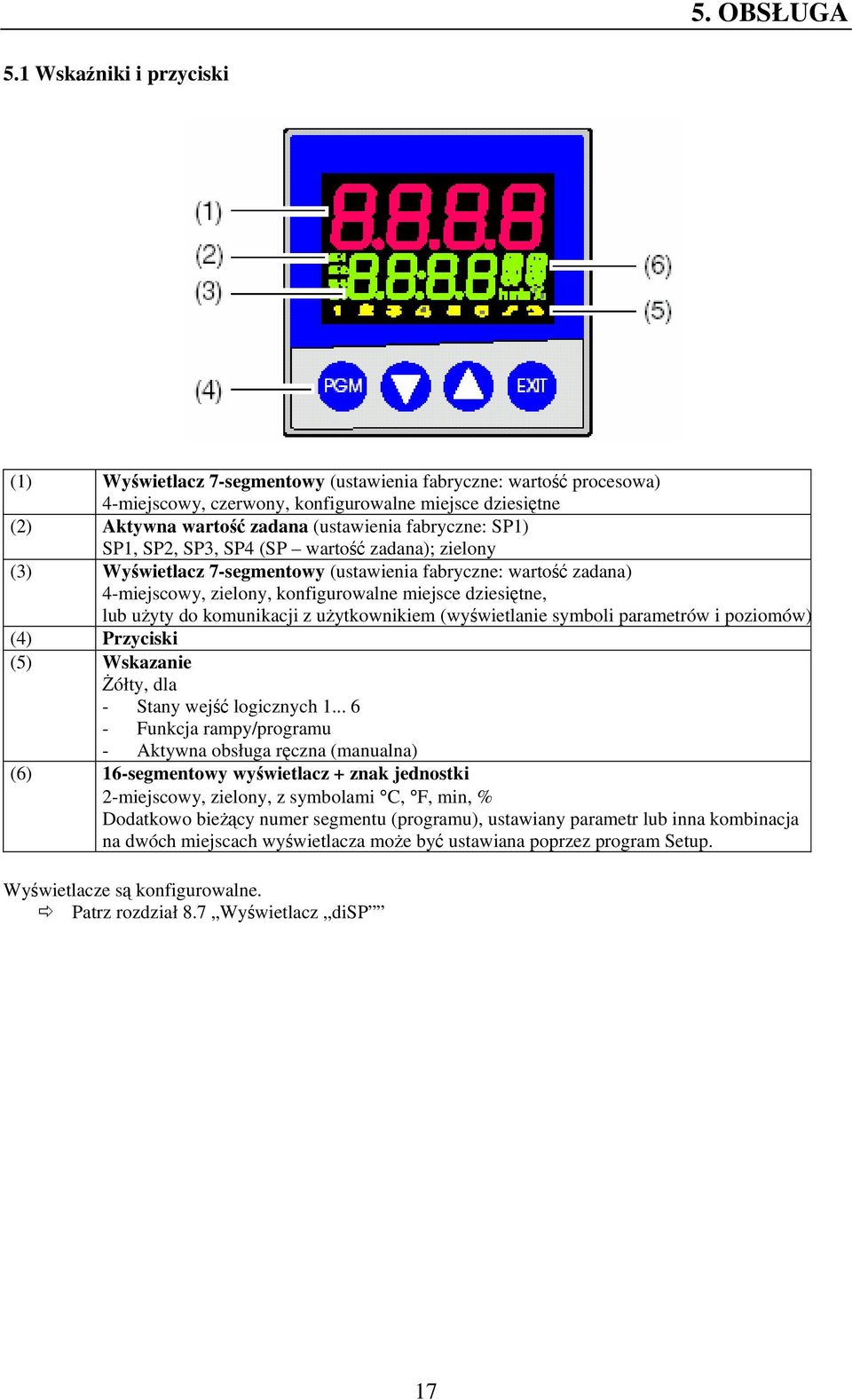 fabryczne: SP1) SP1, SP2, SP3, SP4 (SP wartość zadana); zielony (3) Wyświetlacz 7-segmentowy (ustawienia fabryczne: wartość zadana) 4-miejscowy, zielony, konfigurowalne miejsce dziesiętne, lub użyty
