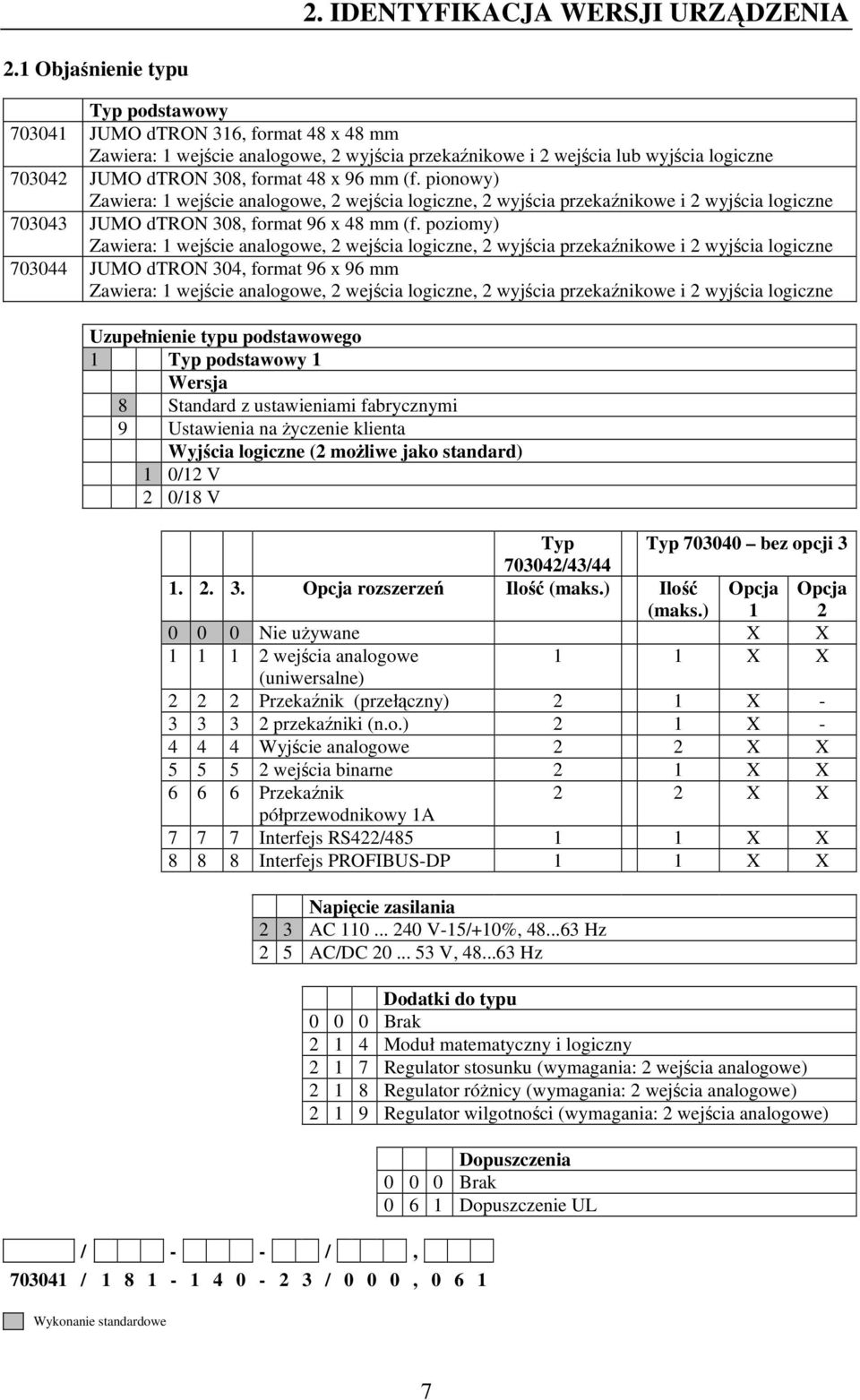 mm (f. pionowy) Zawiera: 1 wejście analogowe, 2 wejścia logiczne, 2 wyjścia przekaźnikowe i 2 wyjścia logiczne 703043 JUMO dtron 308, format 96 x 48 mm (f.