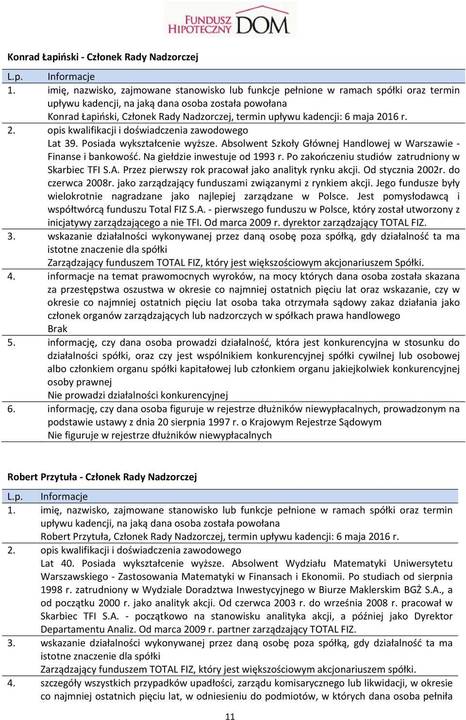 kadencji: 6 maja 2016 r. 2. opis kwalifikacji i doświadczenia zawodowego Lat 39. Posiada wykształcenie wyższe. Absolwent Szkoły Głównej Handlowej w Warszawie Finanse i bankowość.