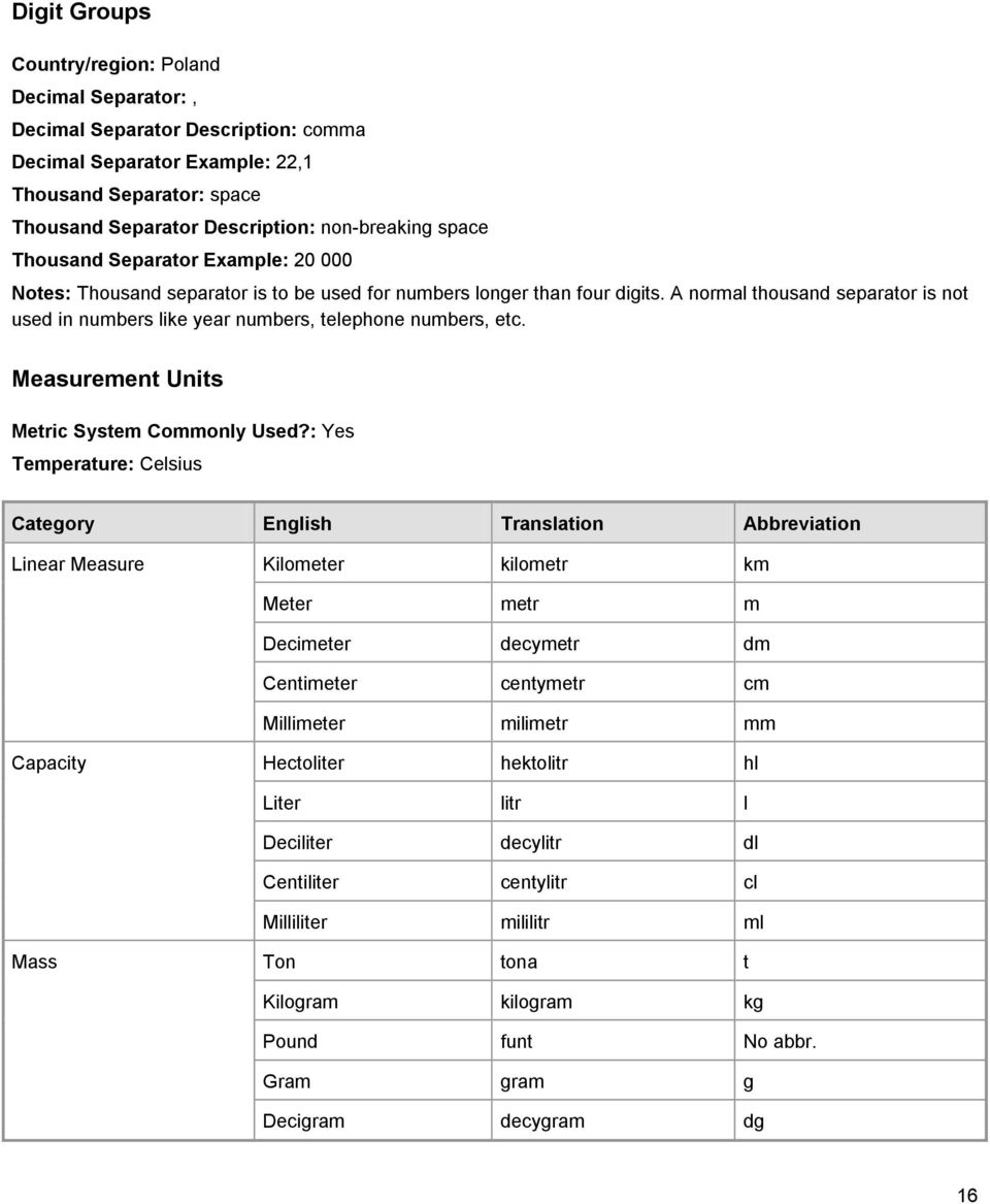 A normal thousand separator is not used in numbers like year numbers, telephone numbers, etc. Measurement Units Metric System Commonly Used?